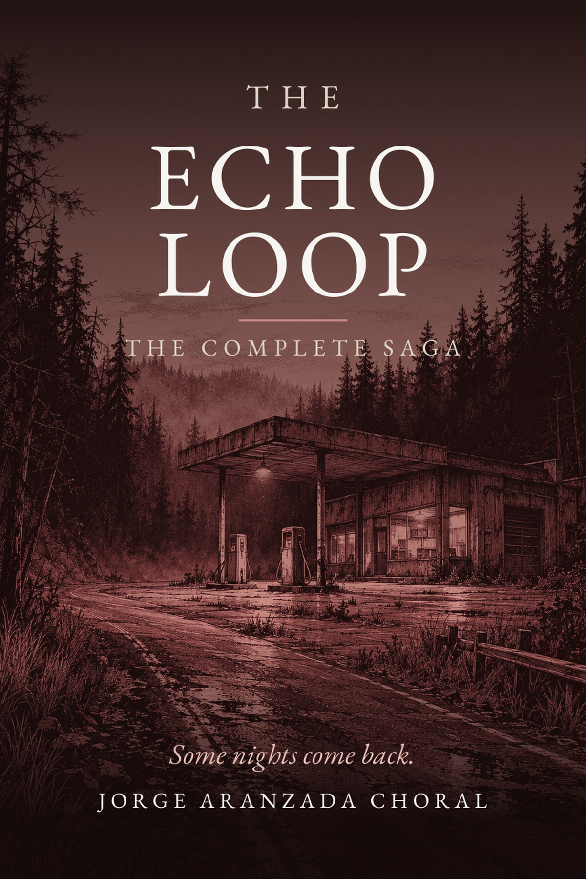 The Echo Loop: The Complete Saga cover, showing an old station among pines in oxblood tones.