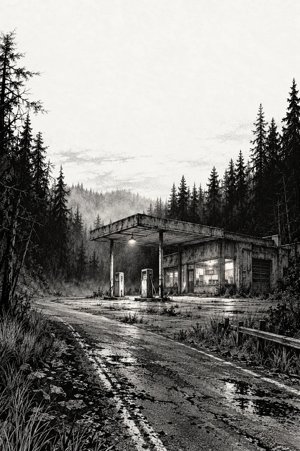 The dusty, unbranded roadside station with weathered fuel pumps under an overcast sky.