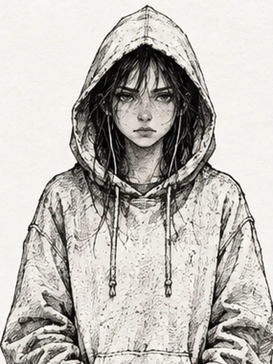 Portrait study of Bridget, fifteen, with dark hoodie up like armor