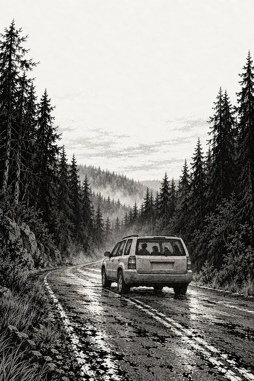 A family SUV on a wet road through tall pines at dusk.