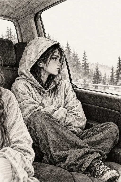 Bridget in the back seat, hood up, one earbud in, looking out the window.