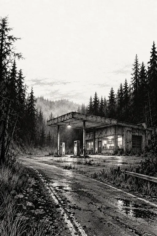 An old, dust-covered gas station seen from the road at dusk, one weak lamp lit.