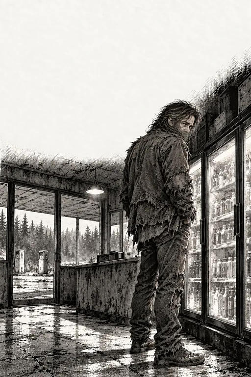 A tall, bent man in tattered clothes stands in shadow beside the glowing drink coolers inside the station.
