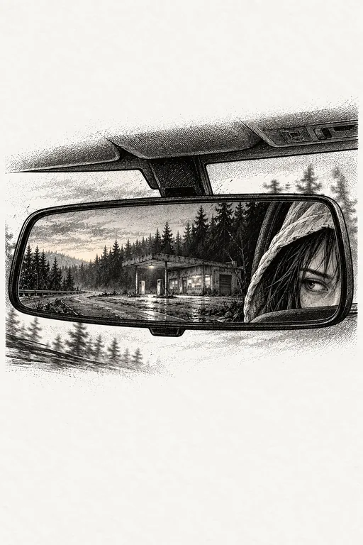 The rearview mirror: the gas station shrinking behind the car, and Bridget’s eye at the edge of the glass.